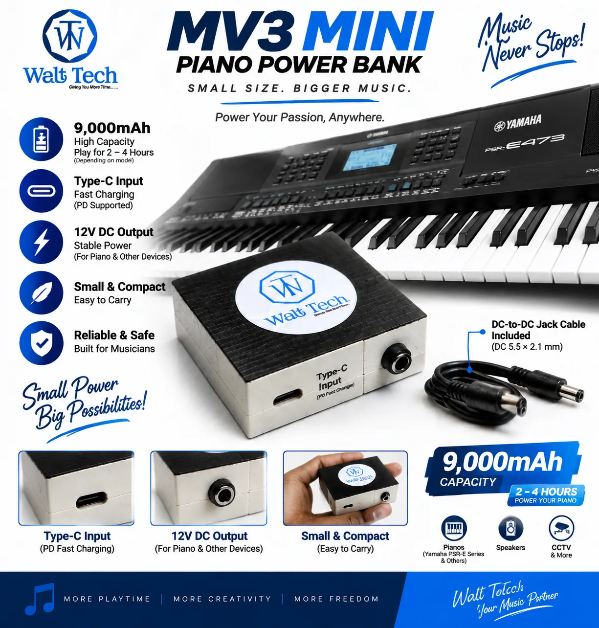 MV3 Mini Piano Power Bank features